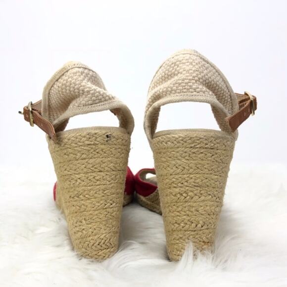 2/$30 BCBGeneration 7.5 B Womens Red Beige Canvas Ankle Strap Wedge Sandals - Picture 6 of 10